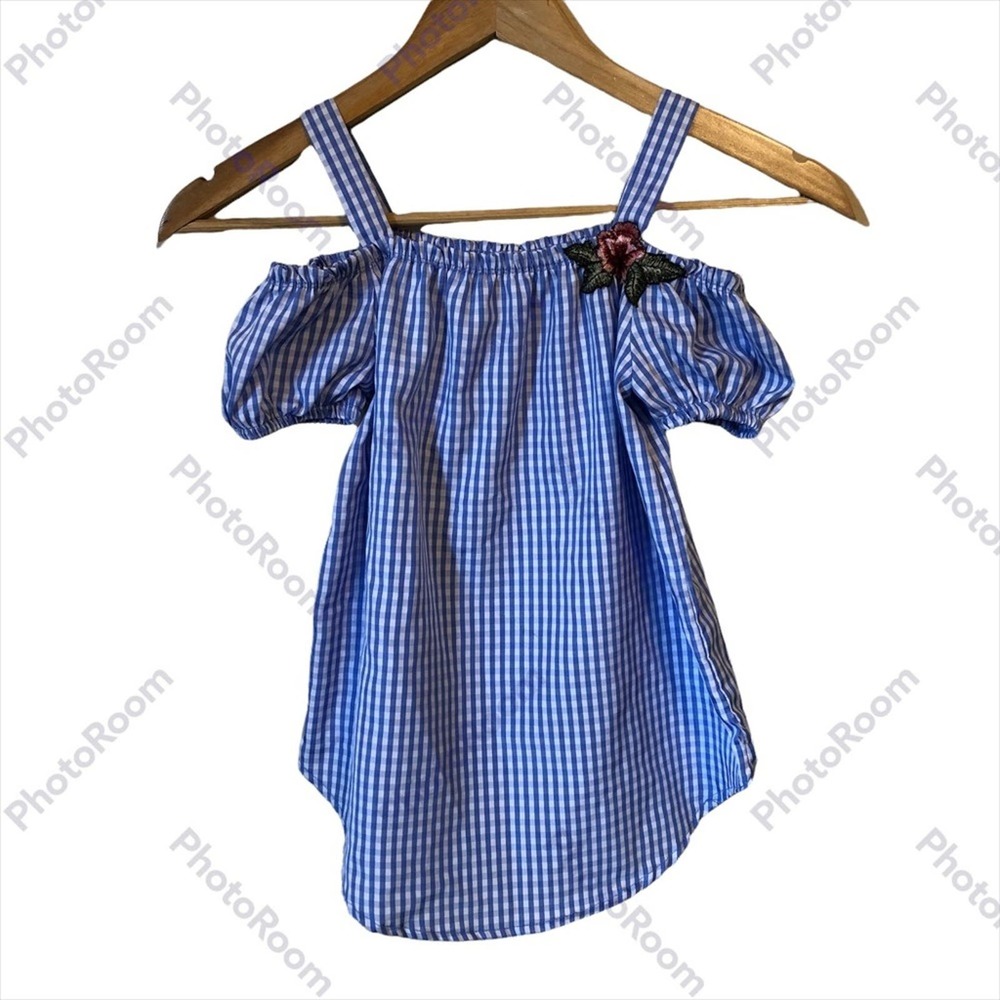 Lily Blue Girls Gingham Dress Off Shoulder Floral Embroidered Size 7/8